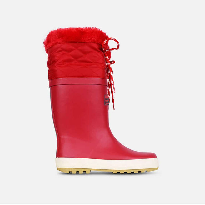 Red PuddleFlex Fleece Lined Wellies boot with a white sole and furry red trim, standing on a white background.